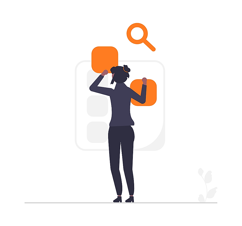 Woman arranging app interface blocks with search icon, illustrating UI design and app search