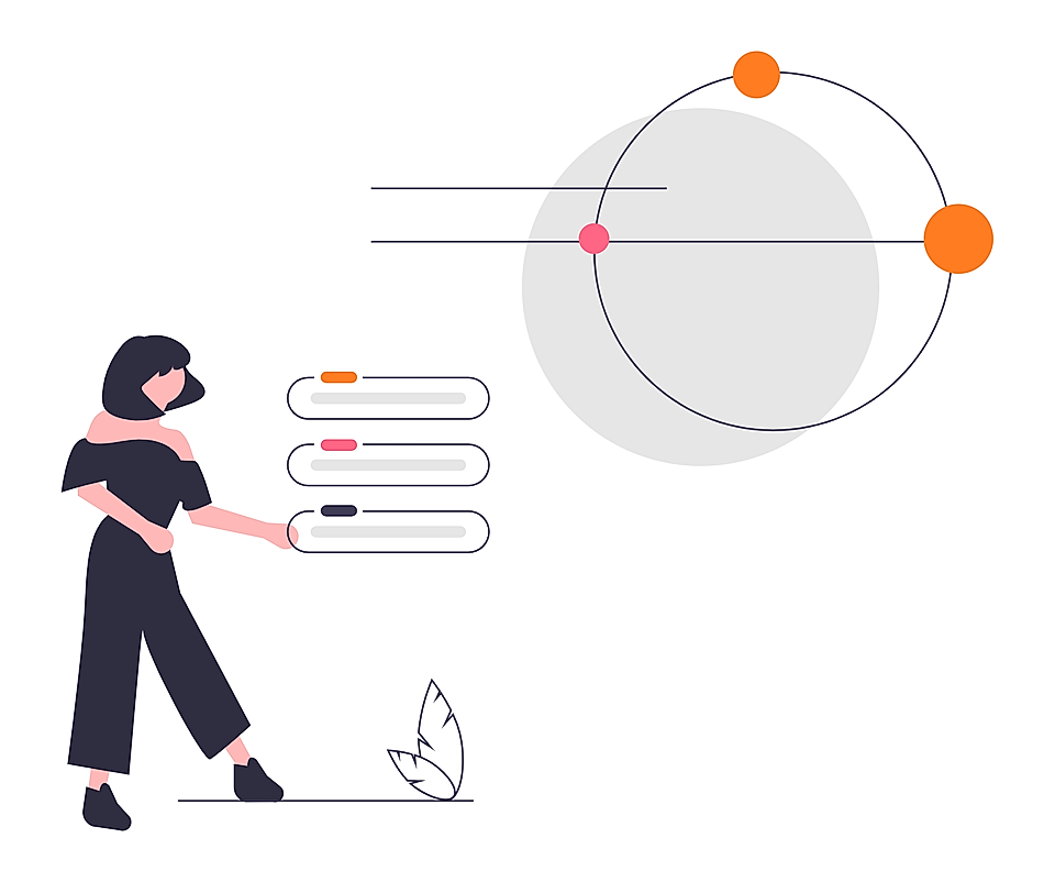 Woman selecting settings on a dashboard with sliders and orbit chart graphic