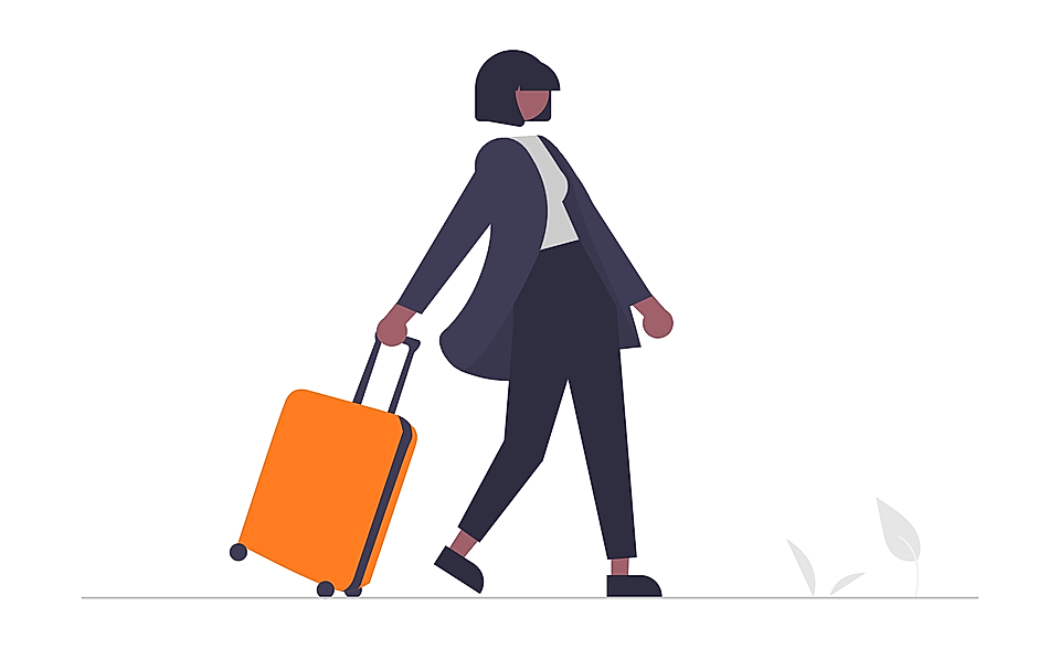 Illustration of a woman walking with an orange rolling suitcase