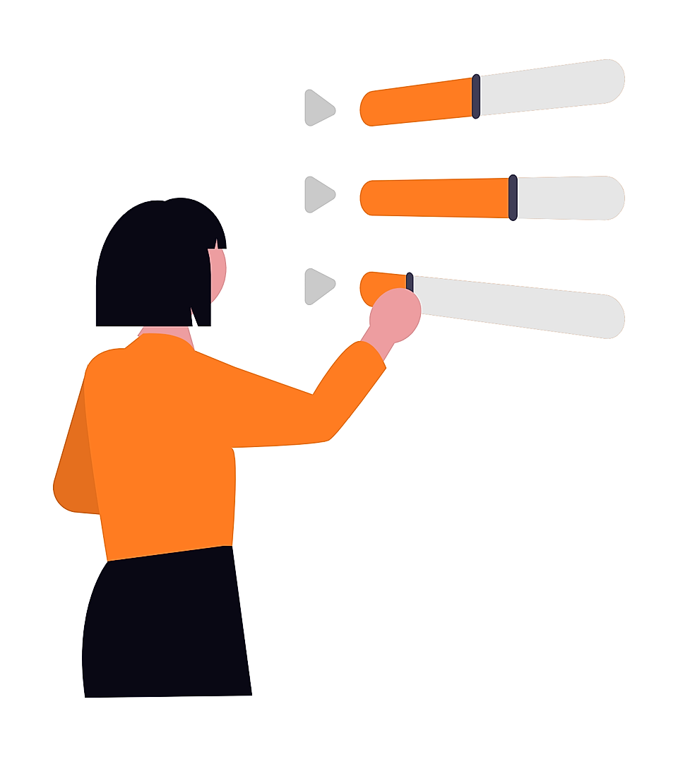 Woman selecting among three horizontal gauge bars with arrows on a white background.
