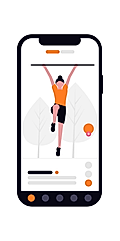 Illustration of a mobile phone displaying a fitness app with a person performing a pull-up, surrounded by trees.