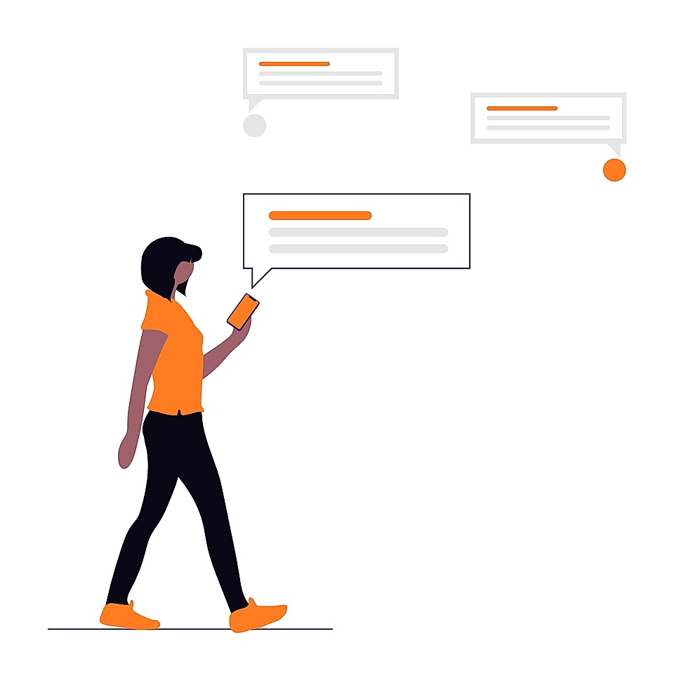 Woman walking and using a smartphone with floating chat bubbles above her