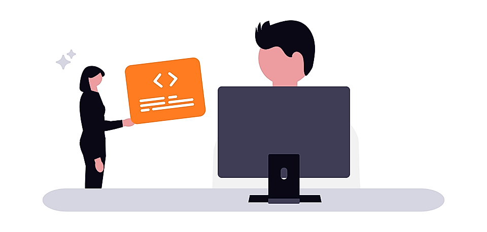 Illustration of a person presenting code to a developer at a desktop computer