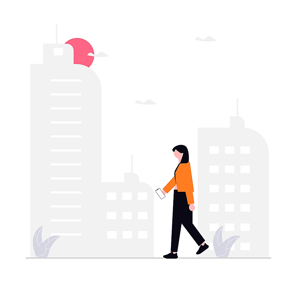 Woman walking with a smartphone in a stylized cityscape with buildings and clouds