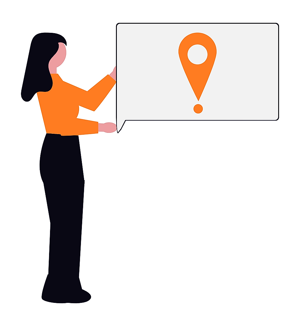 Woman presenting a location pin icon inside a speech bubble