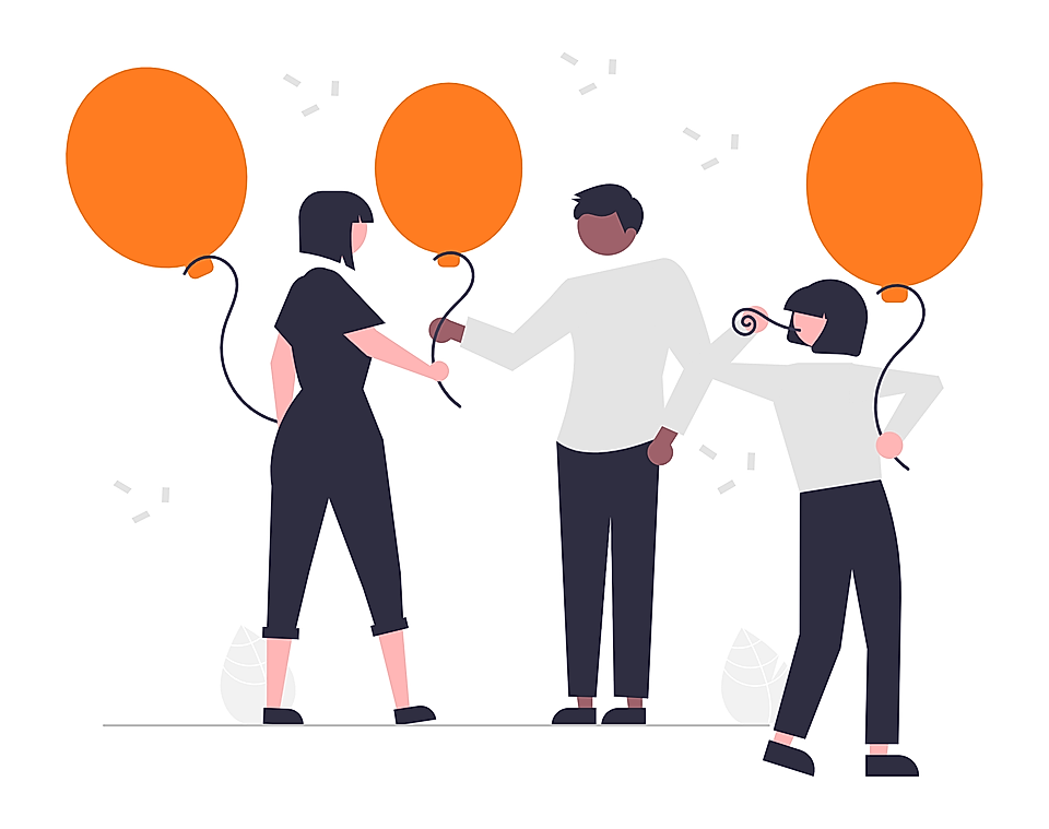 Illustration of four people holding orange balloons at a celebration or event