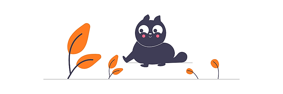 Cute black cat sitting among orange leaves on a minimal white background illustration