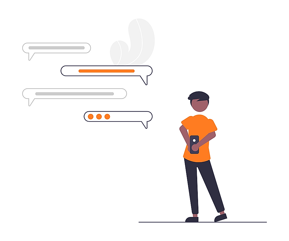 Person using a smartphone beside chat message bubbles and a messaging interface illustration