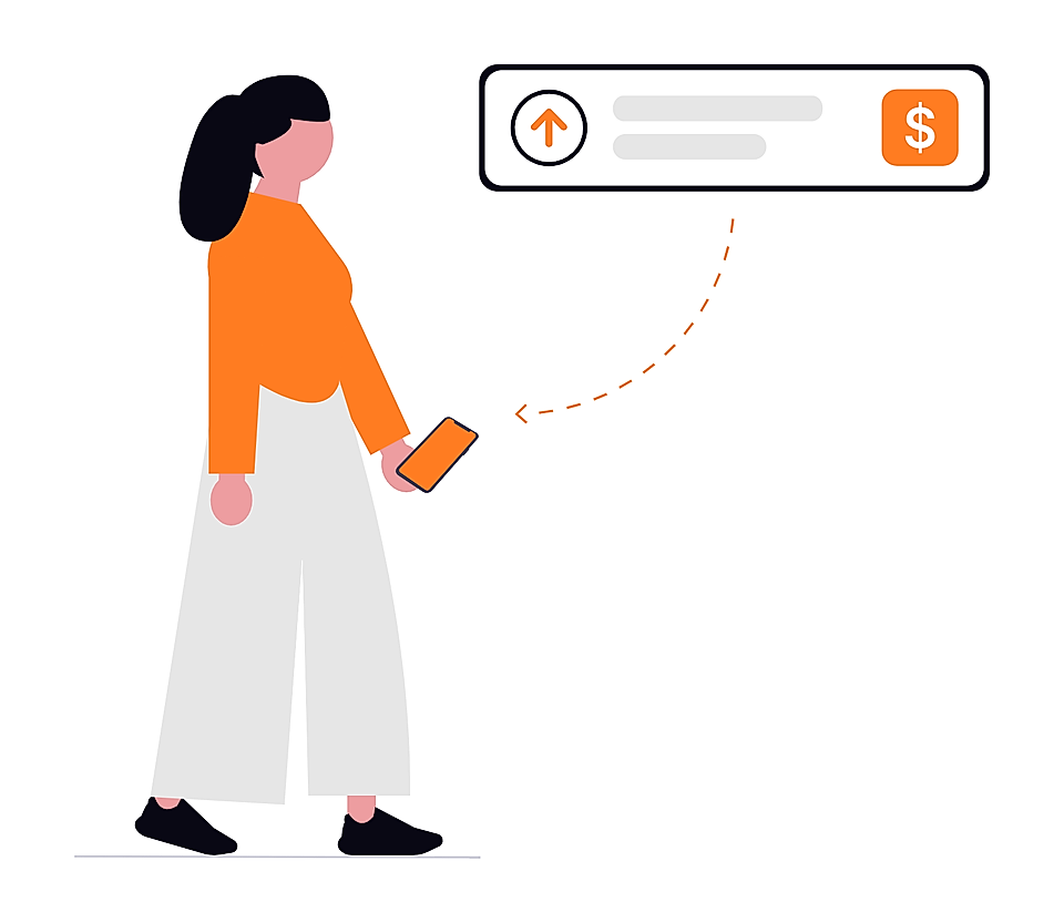 Woman holding smartphone with upward arrow and dollar icon in app-style banner