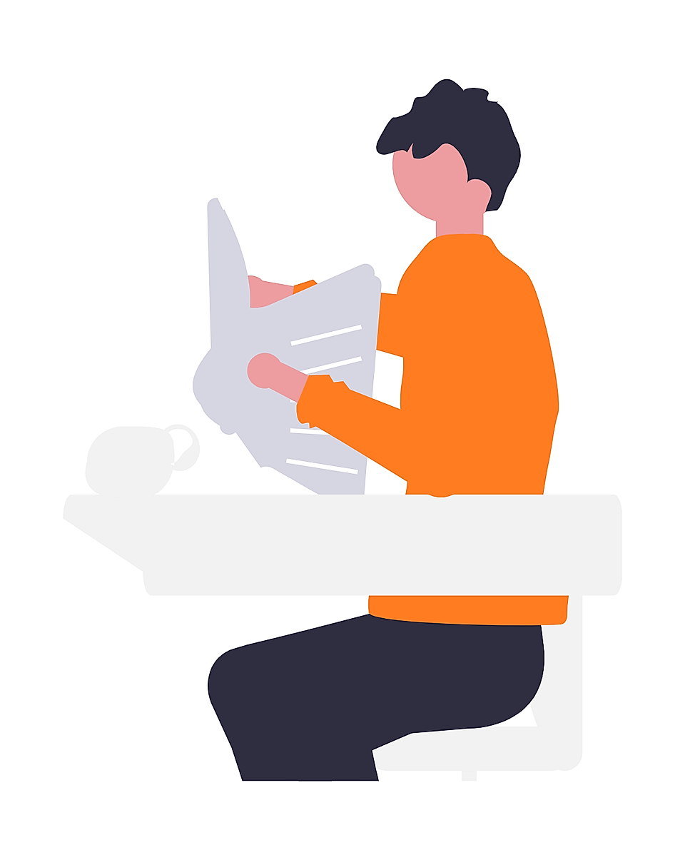 Person in orange shirt reading a newspaper at a desk with a coffee mug