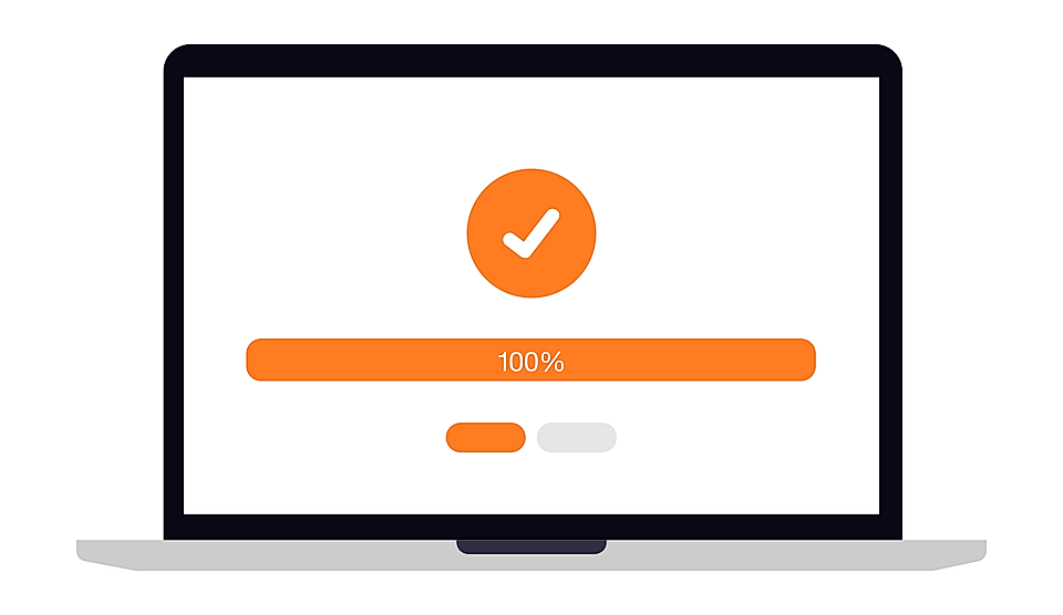 Laptop screen with orange checkmark icon and 100% progress bar, showing a completed download.