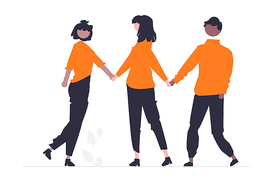 Three people in orange shirts holding hands, standing together in a group illustration.