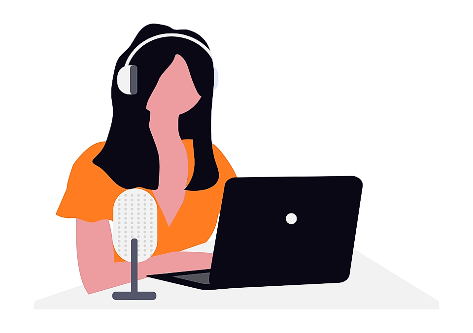 Illustration of a woman wearing headphones speaking into a microphone while using a laptop