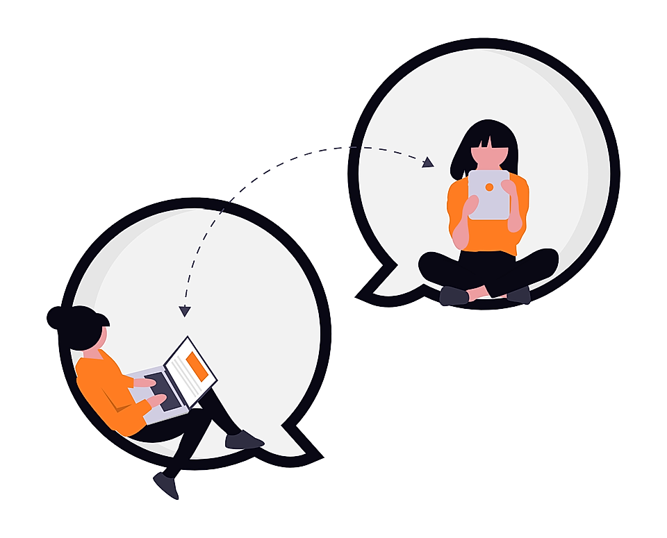 Two women in speech bubbles sharing ideas remotely, one using a laptop and one holding a tablet.