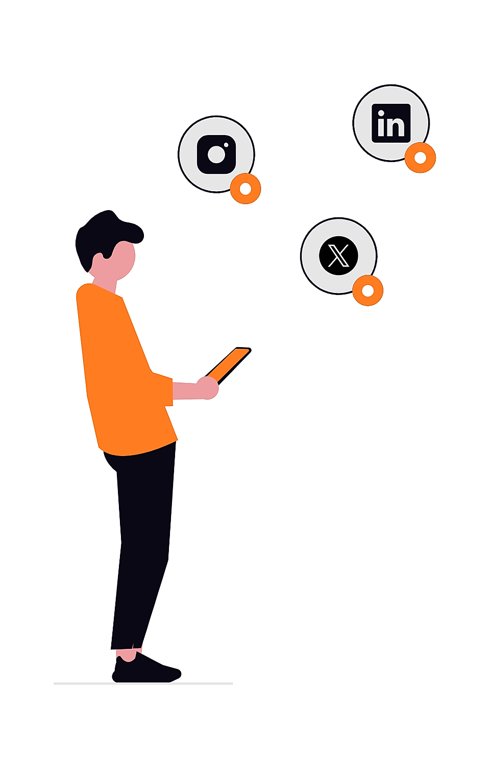 Person holding a smartphone with Instagram, LinkedIn, and X social media icons floating above