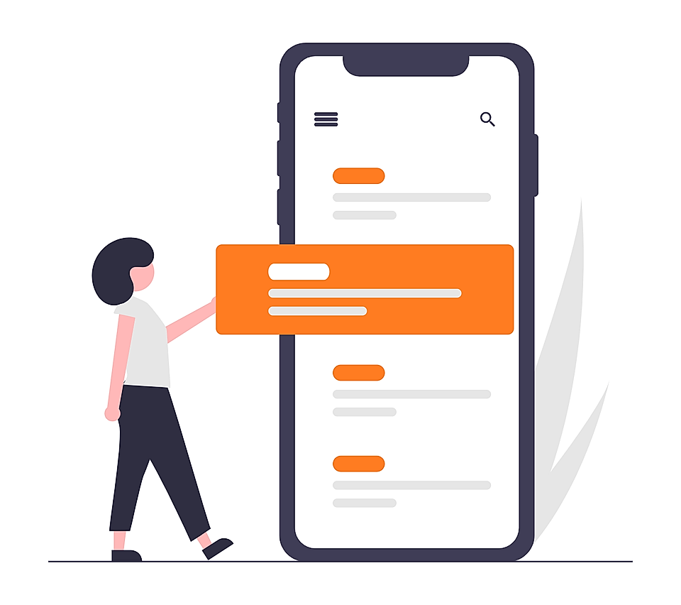 Illustration of a person using a smartphone app interface with menu, search, and content cards.