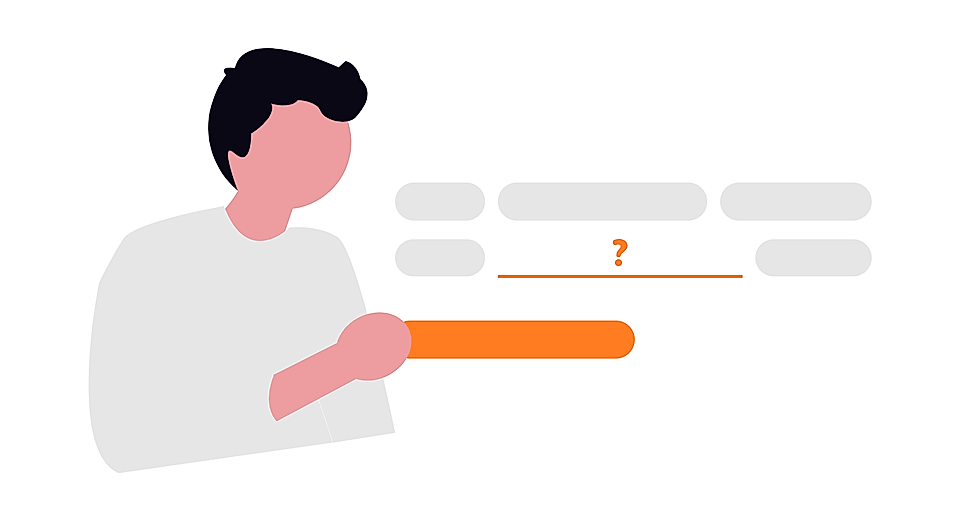Illustration of a person with a question mark and highlighted text bars, suggesting a missing answer or FAQ.
