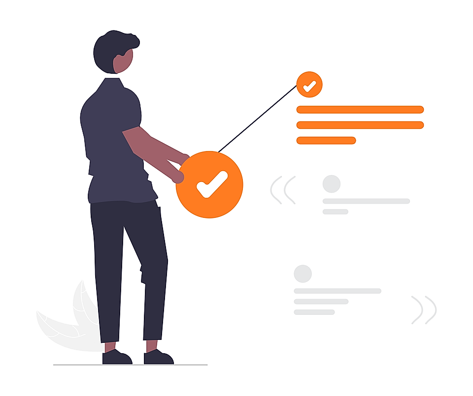 Illustration of a person selecting a checkmark icon with highlighted content items on the right
