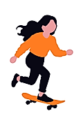 Illustration of a woman skateboarding in motion, wearing an orange top and black pants