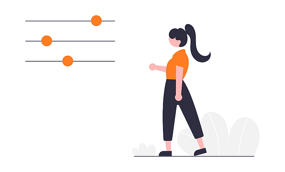 Illustration of a woman walking beside three slider controls, representing settings or preferences.