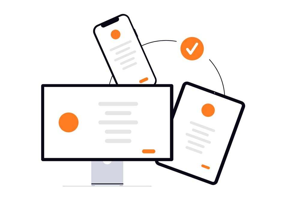 Desktop monitor with two smartphone screens and a checkmark icon, illustrating responsive web design.