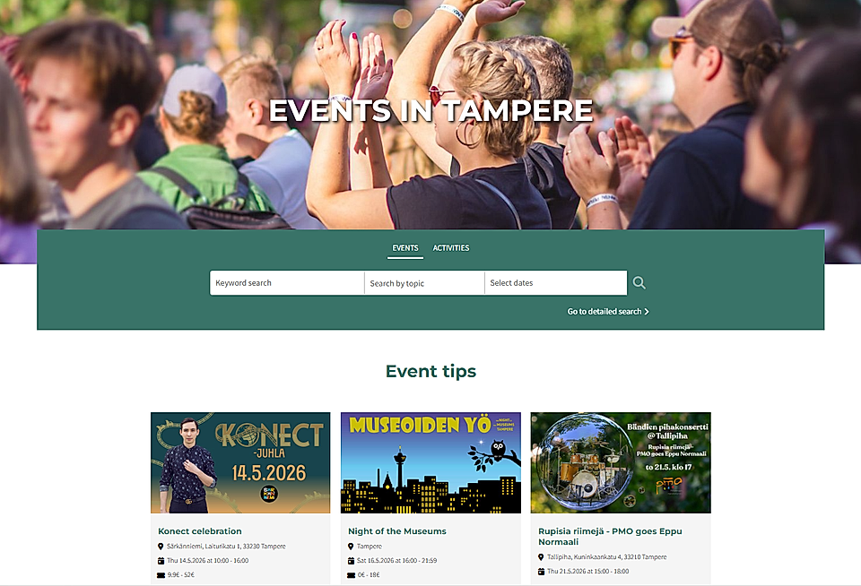 Homepage of events in Tampere, featuring event tips like Konect celebration and Night of the Museums with an audience.