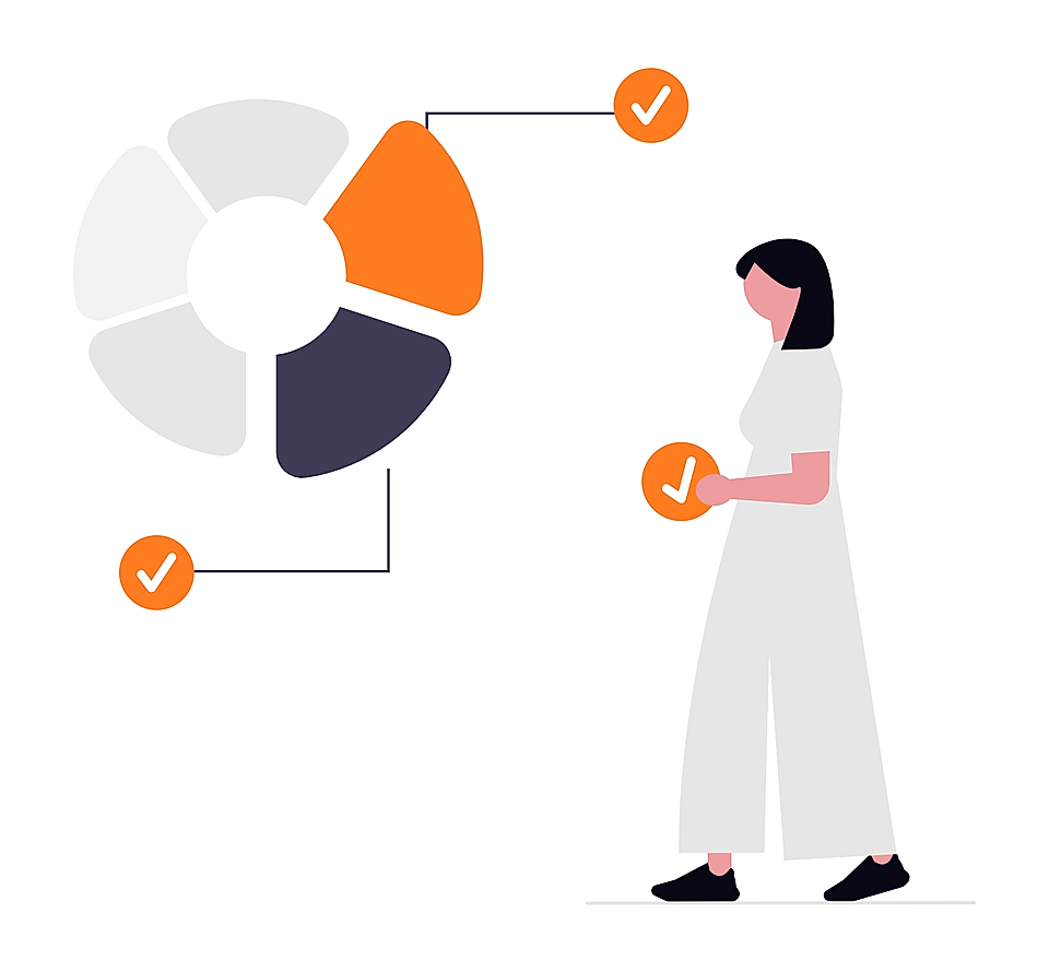 Illustration of a woman beside a segmented chart with orange checkmark icons and connecting lines
