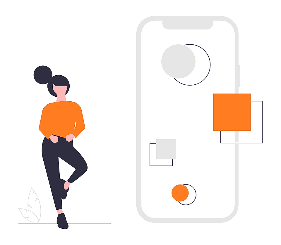 Illustration of a woman in an orange sweater leaning against a smartphone displaying geometric shapes.