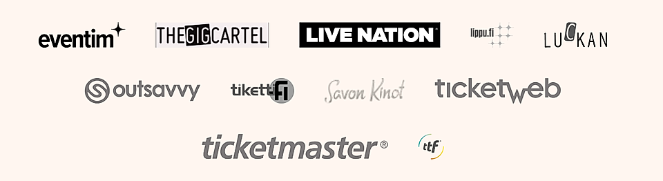 Logos of various ticketing platforms including Eventim, Live Nation, Ticketmaster, and others on a light background.
