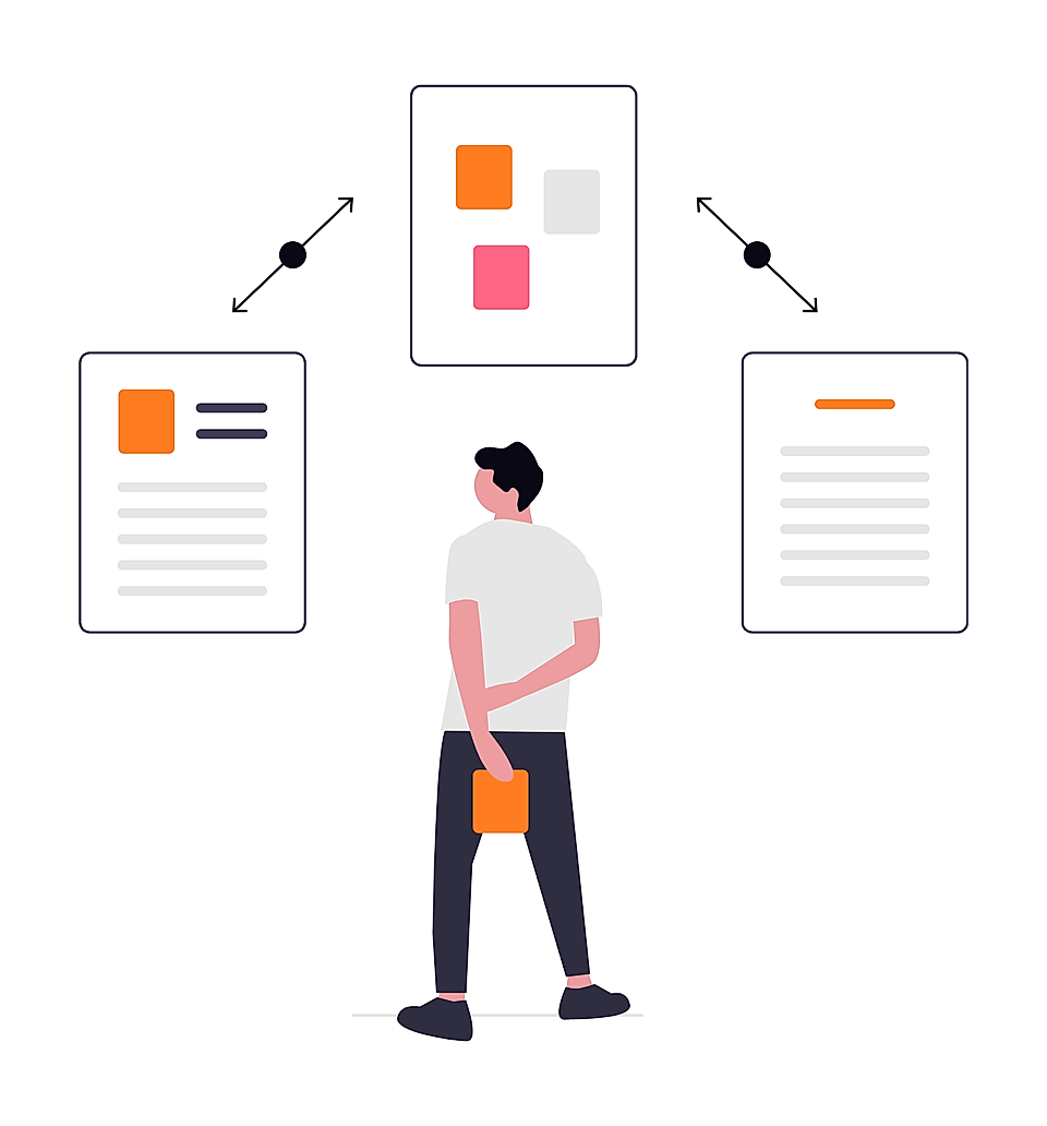 Person reviewing three floating document panels with arrows and colored blocks in a minimalist illustration