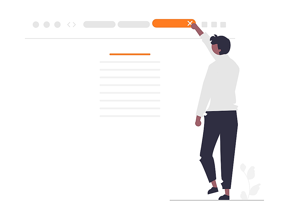 Illustration of a person closing a browser window with a hand on an orange top bar near a webpage layout.