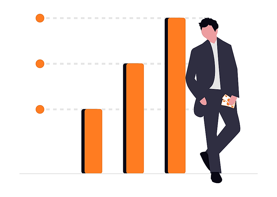 Businessman standing beside an increasing orange bar chart with three rising columns