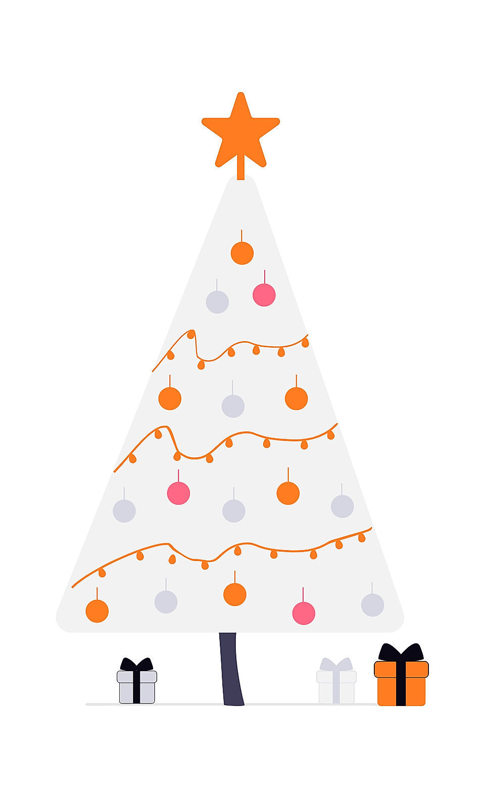 Minimalist Christmas tree illustration with orange star topper, ornaments, string lights, and gift boxes