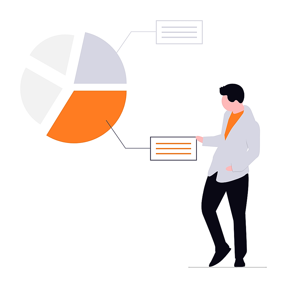 Business person pointing at a pie chart with callout labels in a presentation graphic