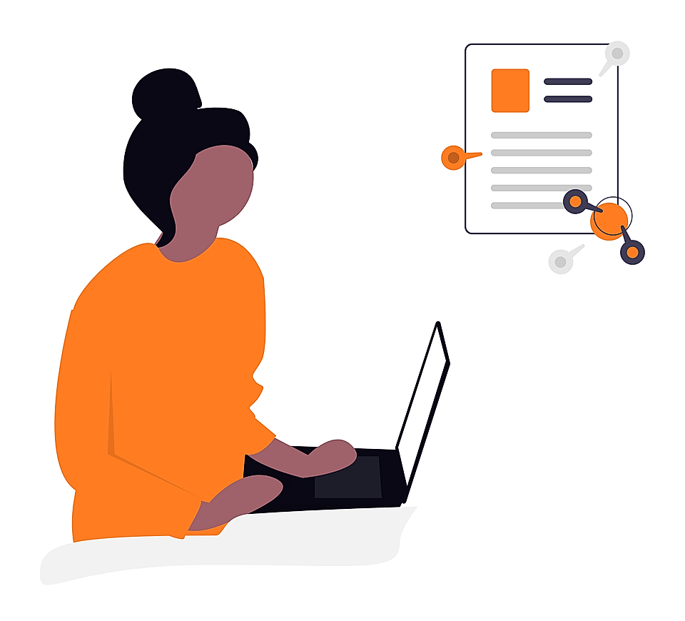 Person using a laptop beside a digital document and workflow icons