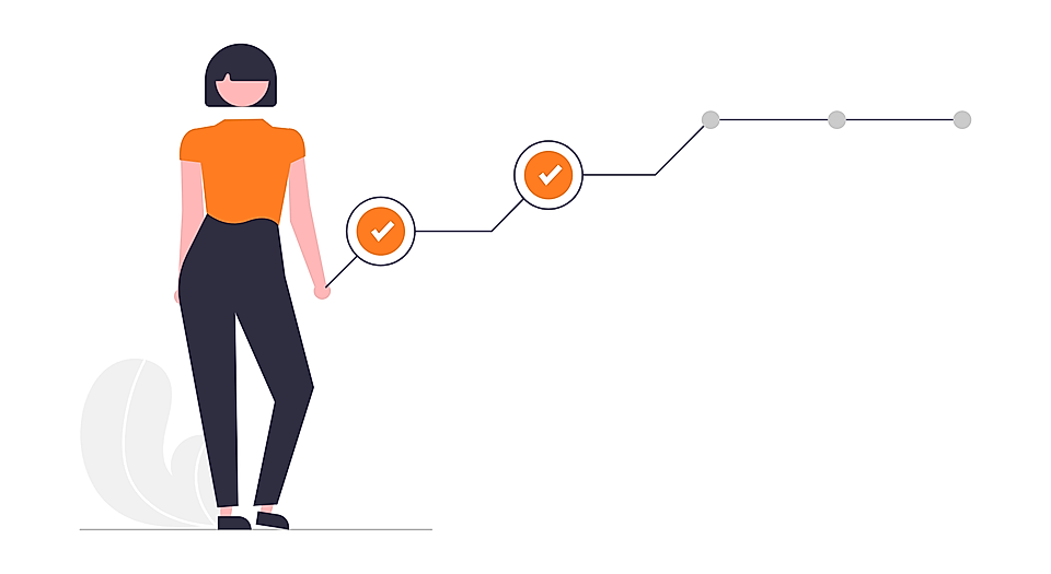 Illustration of a woman beside a rising step chart with checkmark icons and gray milestone dots