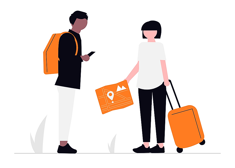 Illustration of two travelers exchanging a map, one with a backpack and phone, the other with a suitcase.