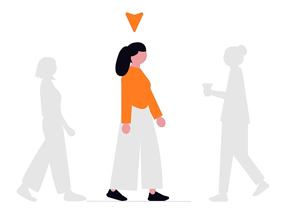 Woman in orange standing between two gray walking figures, with arrow icon above her