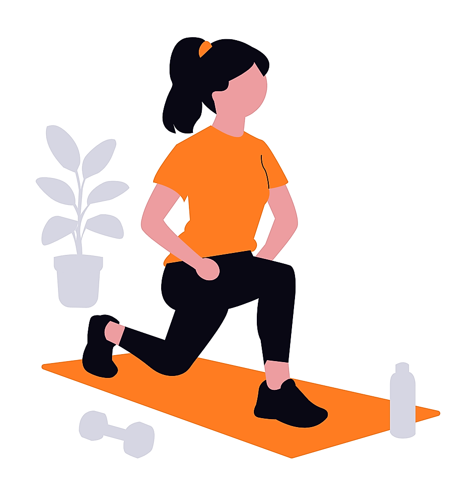 Woman doing a lunge on an orange yoga mat with a plant, dumbbell, and water bottle nearby
