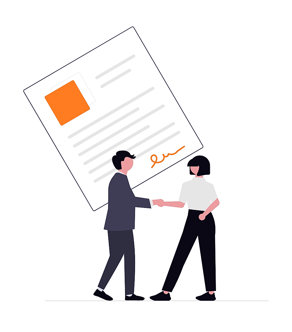 Two business people shaking hands in front of a large signed document illustration