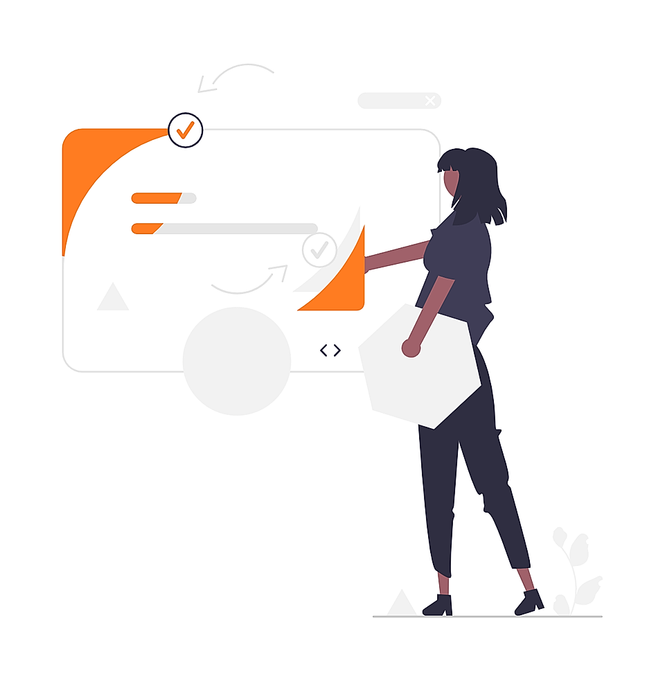 Woman holding a hexagon beside a software interface with charts, check marks, and orange design accents