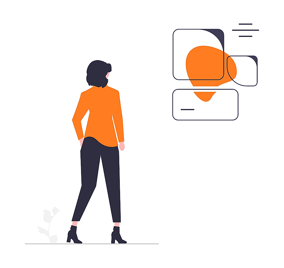 Illustration of a woman walking beside overlapping UI card icons and abstract orange shapes