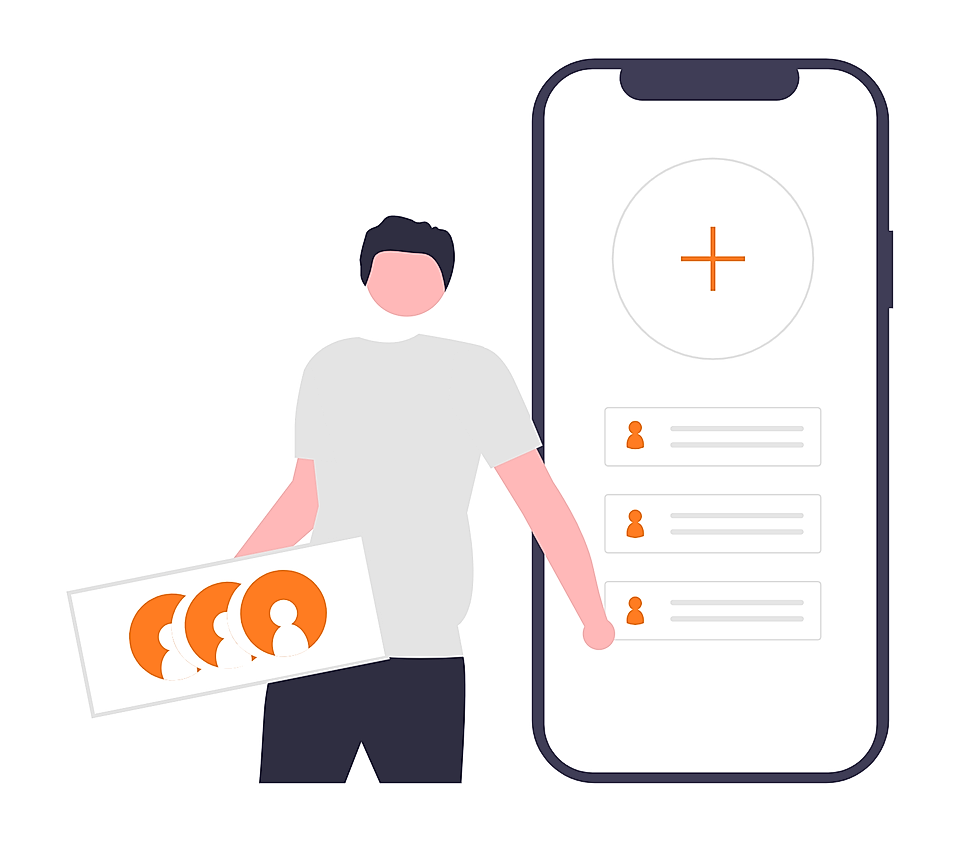 Person holding contact cards beside smartphone app screen with add button and profile list