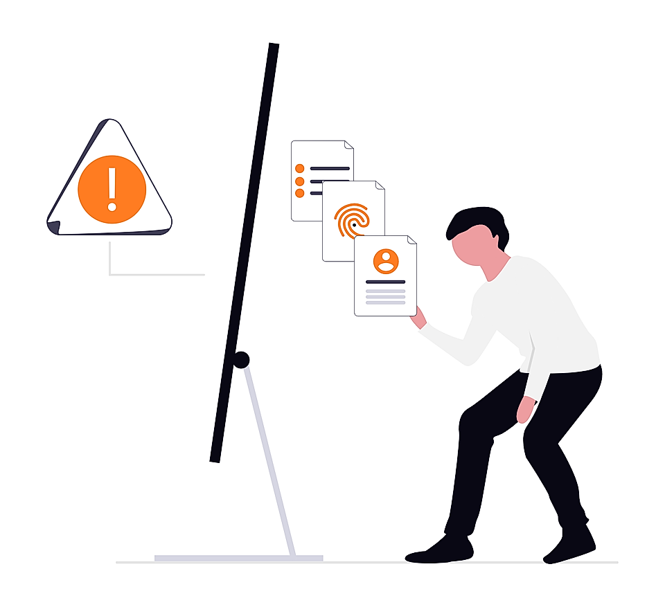 Businessman reviewing identity and document icons beside a warning symbol on a presentation screen