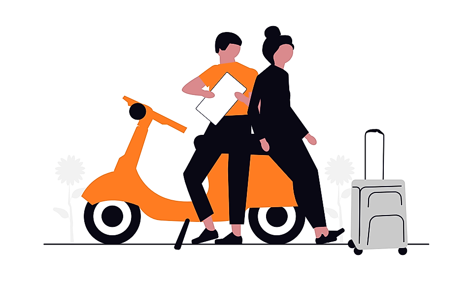 Two people standing by an orange scooter with a suitcase on a white background