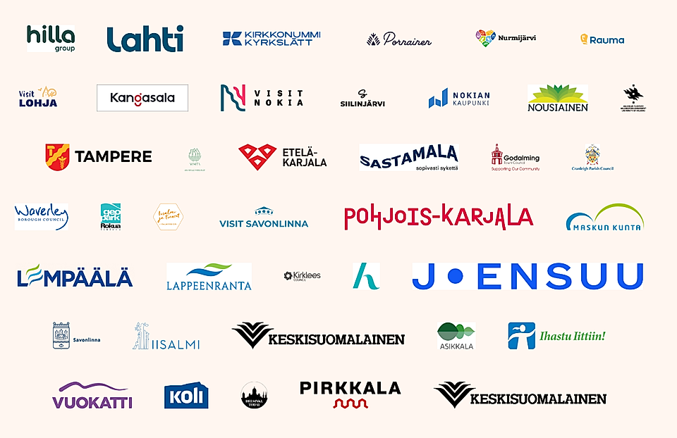 Logos of various Finnish municipalities and organizations, including Lahti, Tampere, and Lappeenranta.