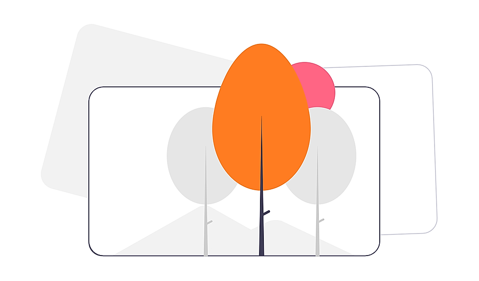 Abstract illustration of overlapping rounded rectangles with stylized trees in orange, pink, and gray