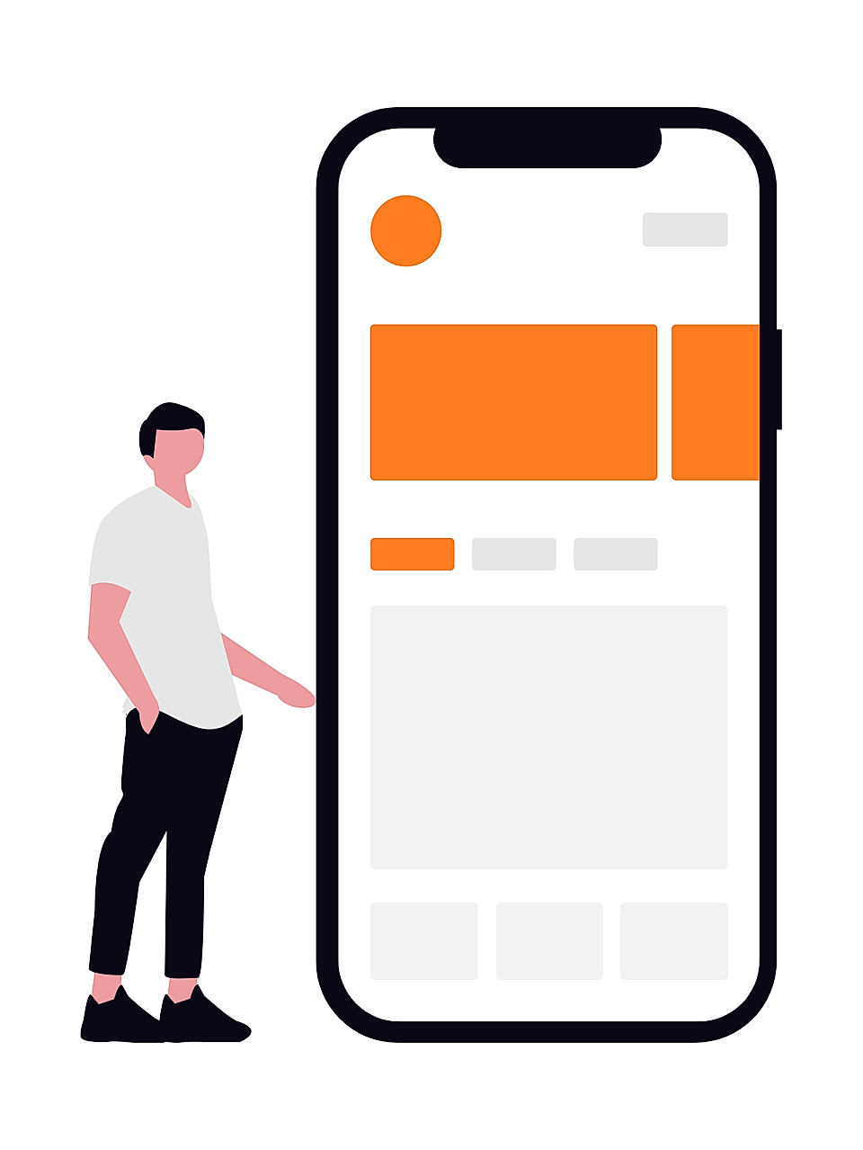 Person standing beside oversized smartphone showing a mobile app interface with orange and gray content blocks