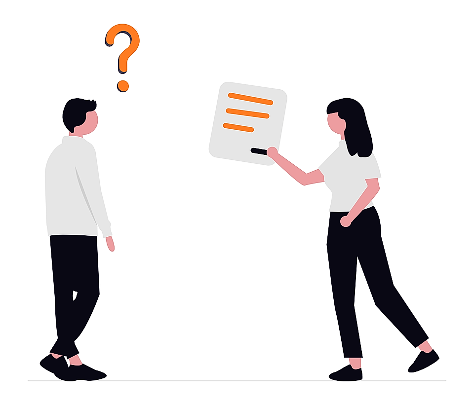Illustration of a woman presenting a document to a man with a question mark above him