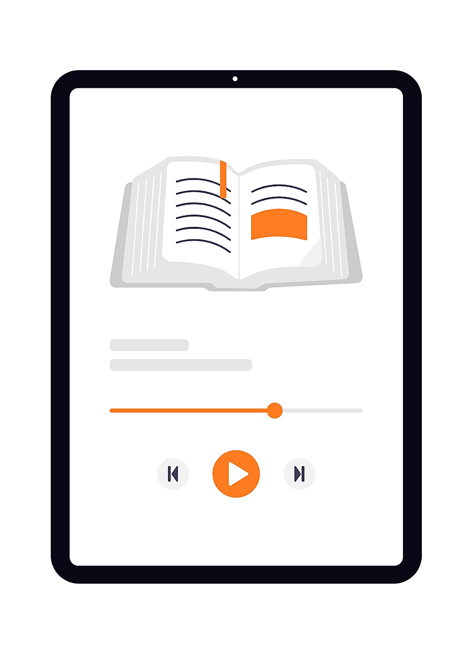 Tablet displaying open book with reading progress bar and play controls